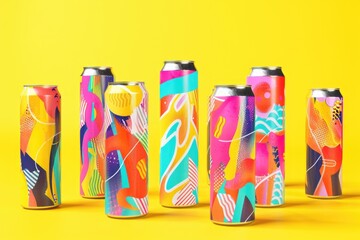 Aufkleber - Group of soda cans on yellow background