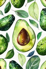 Poster - Avocados and Leaves Pattern on White Background