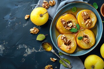 Poster - Sliced Apples and Nuts in Blue Bowl