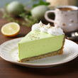A slice of key lime pie on a white plate with a cup of coffee in the background.