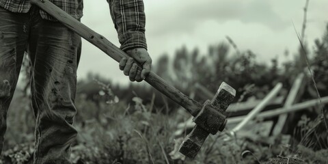 Poster - Man holding hammer in field