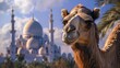 Camel standing on front mosque, Magnificent mosque in the desert with warm sunset light and a camel resting nearby, beautiful orange sky, Eid ul adha, Eid al Adha