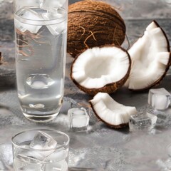 Poster - Glass of water and coconuts on table