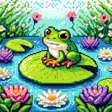 Fototapeta Konie - Pixel art illustration of cute frog in a waterlily pond