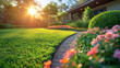 Beautiful front yard with green grass, flower beds and pathway leading to the house at sunset. There is a small path between two lawns. Created with Ai