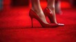 A woman wearing red high heels is standing on a red carpet.