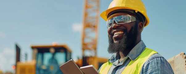 Wall Mural - The image depicts a construction worker in a reflective vest and hardhat using a tablet on a building site.