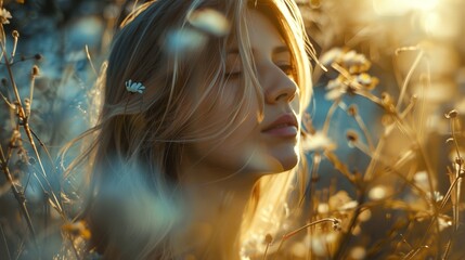 a woman standing in a field of tall grass with her eyes closed