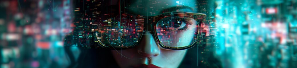 a woman with glasses and a futuristic city background