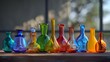 a group of colorful glass bottles sitting next to each other