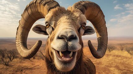 Wall Mural - Close-up portrait of a ram. Detailed image of the muzzle. A domestic animal is looking at something. Illustration with distorted fisheye effect. Design for cover, card, postcard, decor or print.