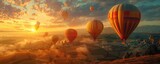 Fototapeta  - Stunning landscape at sunrise with multiple hot air balloons floating over unique rock formations.