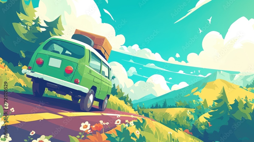 An animated flat cartoon car cruising through a lush green landscape ...