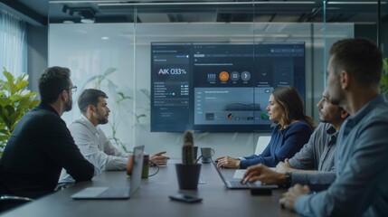 A marketing team, intently focused and gathered around a sleek conference table, watches a workshop video on a large screen that displays a desktop brimming with AI tools