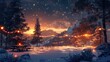 Enchanting winter wonderland with snow-covered trees and sparkling lights during sunset