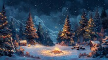 Enchanting Winter Wonderland With Snow-covered Trees And Sparkling Lights During Sunset