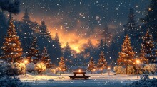 Enchanting Winter Wonderland With Snow-covered Trees And Sparkling Lights During Sunset