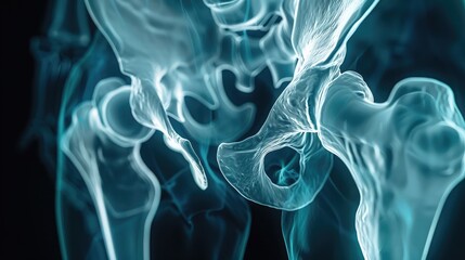 Wall Mural - A diagnostic X-ray capturing the internal structure of the human hip joint, showcasing the ball-and-socket articulation that allows for a wide range of motion and stability.