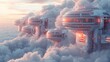 Futuristic space station floating above the clouds, showcasing advanced technology and vast skies