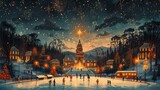 Fototapeta  - Enchanted evening at a festive ice skating rink surrounded by snow-covered trees and twinkling lights