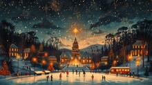 Enchanted Evening At A Festive Ice Skating Rink Surrounded By Snow-covered Trees And Twinkling Lights