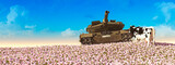 Fototapeta Zwierzęta - Contrast of War and Peace: A Tank Amidst a Blossoming Flower Field with a Cow