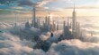 A futuristic floating cityscape hovering above the clouds, its shimmering towers and sleek skybridges stretching towards the heavens. 