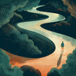 Illustration depicting a person standing at a crossroads, contemplating ethical choices, with two diverging paths representing different moral directions