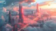 Surreal cityscape in ethereal clouds reflecting serene, golden sunlight