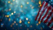 American flag on blue background with bokeh lights, closeup shot Web banner with copyspace on the right Generative AI
