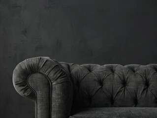 Gray tufted sofa against a gray wall