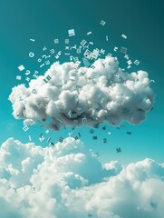 Clouds and letters depicting information concept - A cluster of clouds disperses an array of letters, symbolically representing the flow and dissemination of information