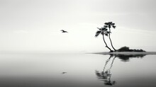 Sparse Palm Trees And Bird Reflecting On Water - A Minimalistic Image Depicting Sparse Palm Trees On A Secluded Landform With A Bird In Flight, All Reflected On A Still Water Surface