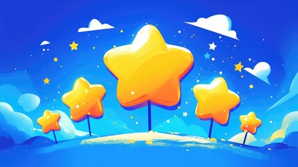 Wall Mural - A cartoon rendering showcases a five star rating nestled inside a speech bubble against a vibrant blue backdrop