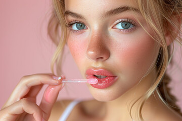 Woman putting on lip gloss