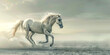 A white horse is running across a sandy field. The horse is the main focus of the image, and it is in motion, possibly galloping or running