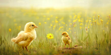 Two Baby Chicks Are Standing In A Field Of Yellow Flowers. One Of The Chicks Is Holding A Yellow Flower In Its Beak