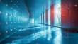 Futuristic blue corridor with lights, diminishing perspective ceiling window dark backdrop