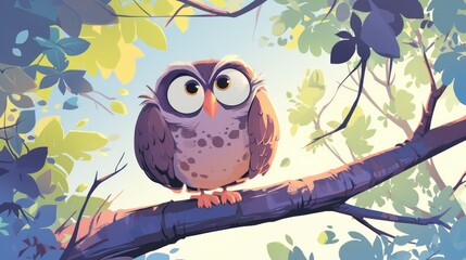 Sticker - A comical cartoon owl perched on a tree branch