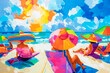 A vibrant beach scene with sunbathers in humorous oversized hats and sunglasses, lounging under a brilliant sun. -