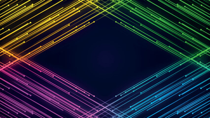 Poster - Diagonal rays of light. Glowing stripes on a dark background. Colored diagonal lines on a dark background. Colorful light paths with movement effect. vector illustration.
