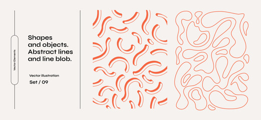Fototapete - Set of red abstract shapes and lines. Collection of amorphous objects of various irregular shapes on a light isolated background. Graphic elements for your design.