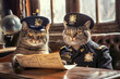 Two cats dressed in police uniforms sit at a desk with a piece of paper in front of them