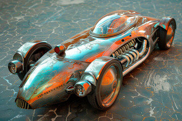 Wall Mural - A vintage car with a chrome finish and a chrome headlight. The car is parked on a rocky surface