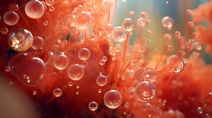 Poster -  Dive into the mesmerizing world of oil with bubbles floating on a vibrant coral background, captured in stunning HD clarity 