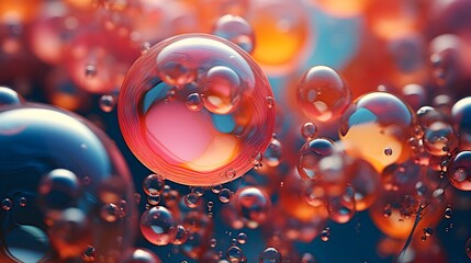Poster -  Immerse yourself in the enchanting world of oil bubbles swirling gracefully over a coral-colored surface, captured in mesmerizing HD quality