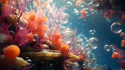 Poster -  Lose yourself in the dreamlike scene of oil bubbles floating serenely against a backdrop of vibrant coral, portrayed with breathtaking realism in HD imagery 