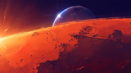 Wall Mural - the crimson surface of mars adorned with craters stands out against the glittering tapestry of the n