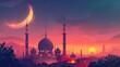 Enchanting Sunset Mosque with Crescent Moon - Digital artwork of a mosque landscape at sunset with a crescent moon and a pinkish hue