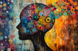A colorful painting of a head with a flowery design on it. The painting is abstract and has a lot of different colors